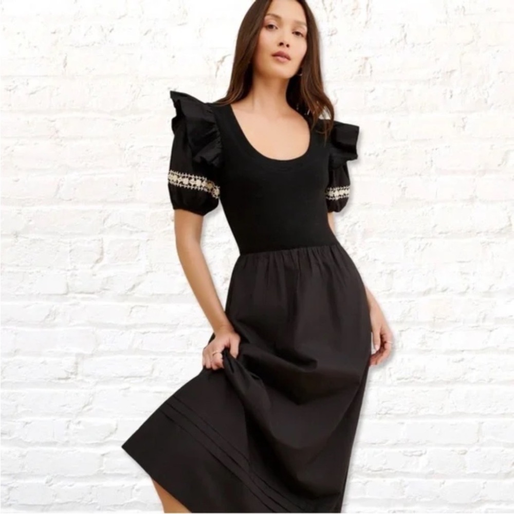 Cleobella Selma Black Midi Dress Puff Sleeve Embroidered Boho Cotton Size S